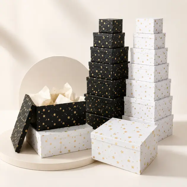 Rectangular Gift Box with Hot Stamping Gold Stars Set of 10, White & Black