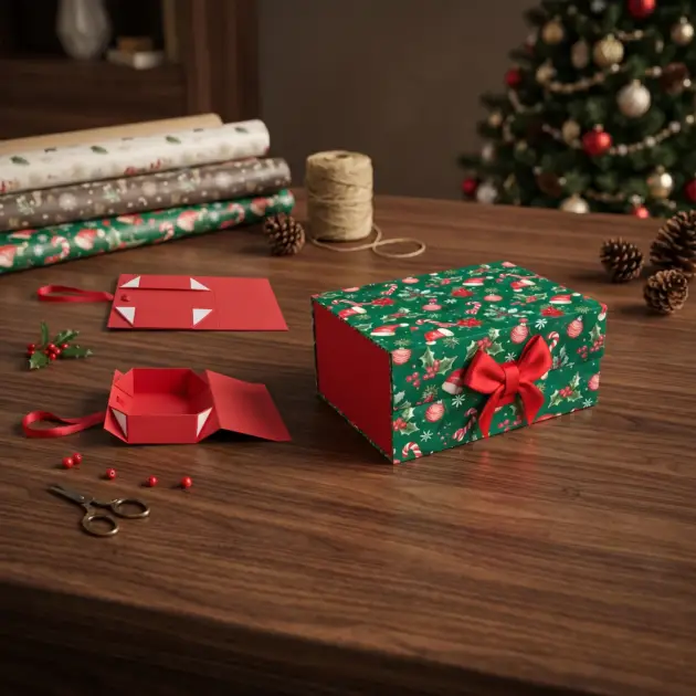 Christmas Folding gift box with ribbon and magnetic Lid, Two Designs assorted
