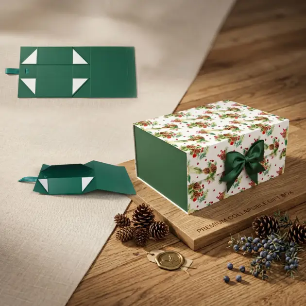 Christmas Folding gift box with ribbon and magnetic Lid, Two Designs assorted