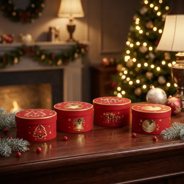 Christmas Gift Box Foil Hot Stamped Round, Four Designs assorted