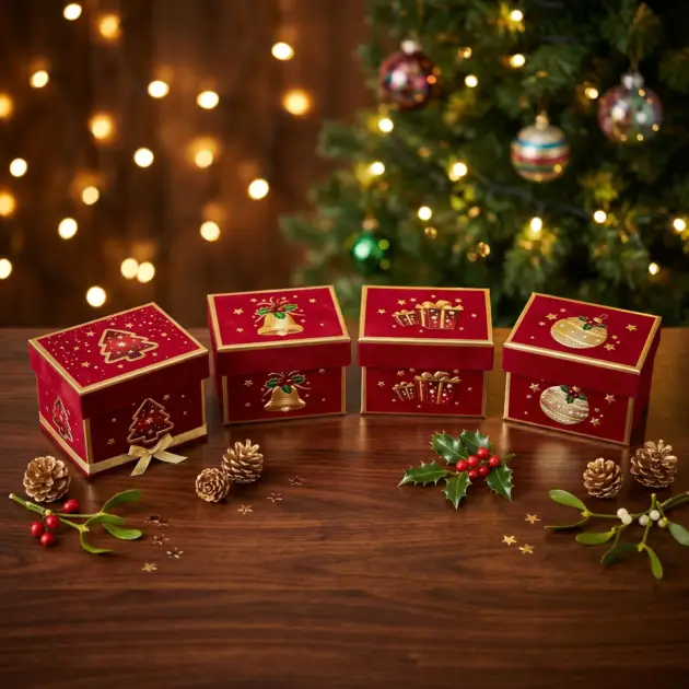 Christmas Gift Box Foil Hot Stamped Rectangle, Four Designs assorted