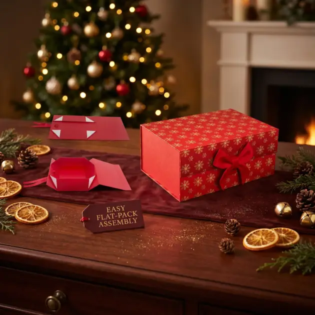 Christmas Folding gift box with ribbon and magnetic Lid, Two Designs assorted