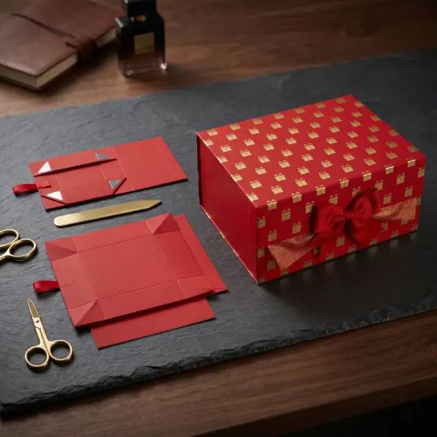 Christmas Folding gift box with ribbon and magnetic Lid, Two Designs assorted