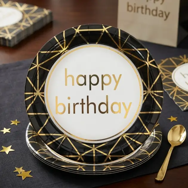 Hot Stamp Happy Birthday Black Border with Gold Lines
