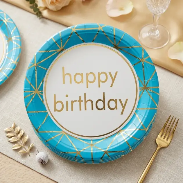 Hot Stamp Happy Birthday Blue Border with Gold Lines