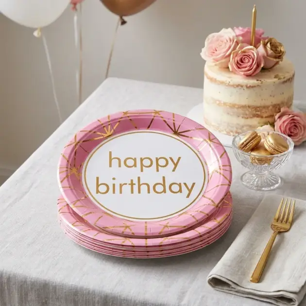 Hot Stamp Happy Birthday Pink Border with Gold Lines