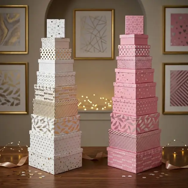 Square Gift Box Hot Stamped Set of 10 Multiple designs 2 colours