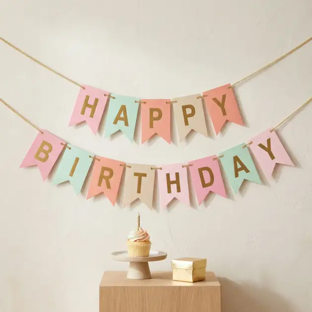 Banner Happy Birthday Pastel Colours with Gold Print