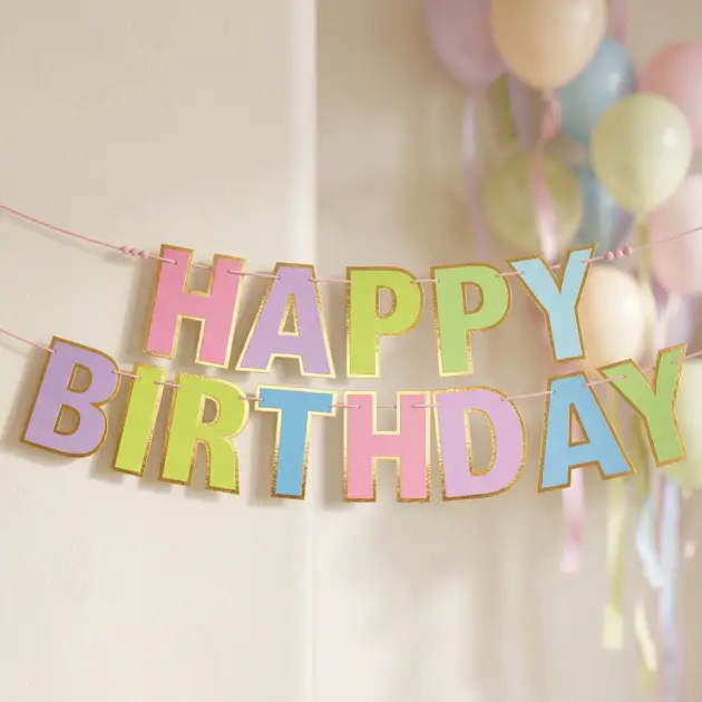 Banner Happy Birthday Pastel Colours Gold Hot Stamp Border