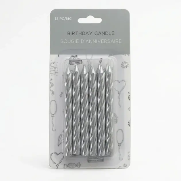 12 Birthday Spiral Candles Metallic Silver