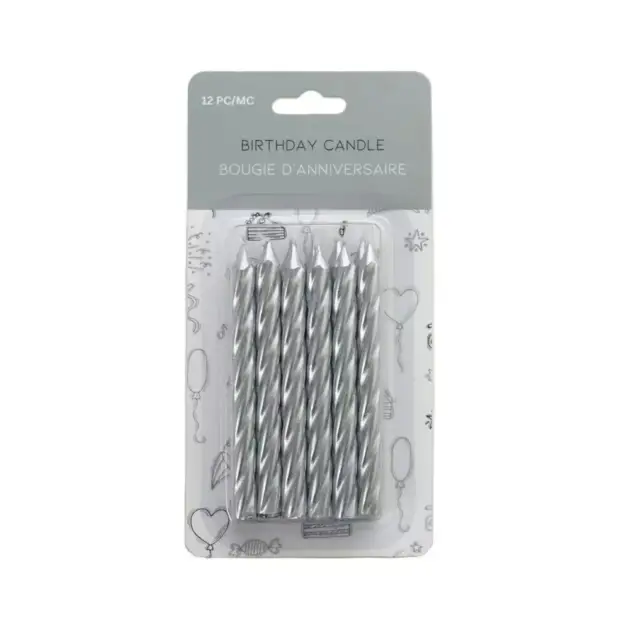12 Birthday Spiral Candles Metallic Silver