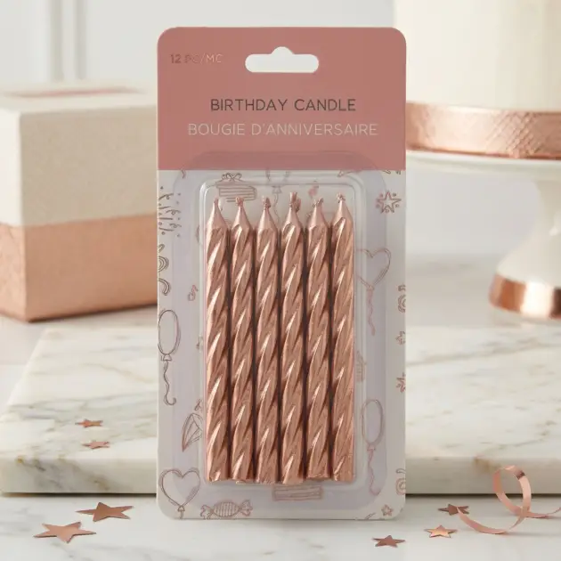 12 Birthday Spiral Candles Metallic Rose Gold