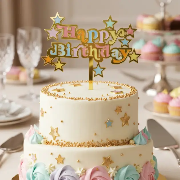 Cake Topper Gold with Multi Colour Stars