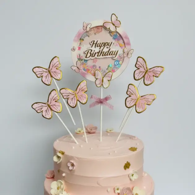 Cake Topper 4 Pcs Pink Butterfly