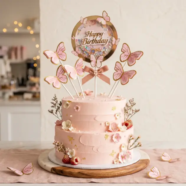 Cake Topper 4 Pcs Pink Butterfly
