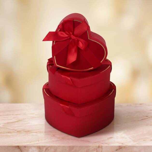 Red Heart shaped box and Gold Hot Stamp Border set of 3