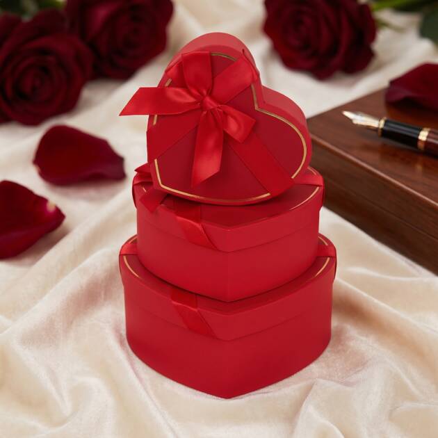 Red Heart shaped box and Gold Hot Stamp Border set of 3