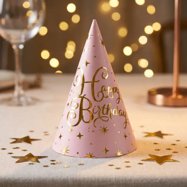 8 Pcs Premium Party Hat Hot Stamped Happy Birthday Pink 7”