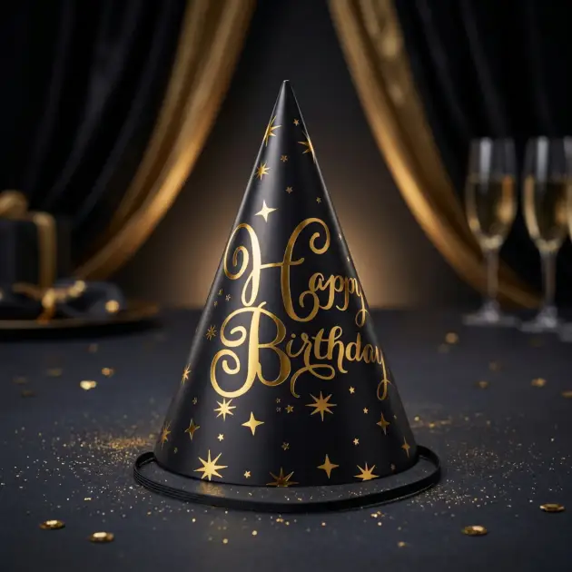 8 Pcs Premium Party Hat Hot Stamped Happy Birthday Black 7”