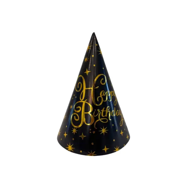8 Pcs Premium Party Hat Hot Stamped Happy Birthday Black 7”
