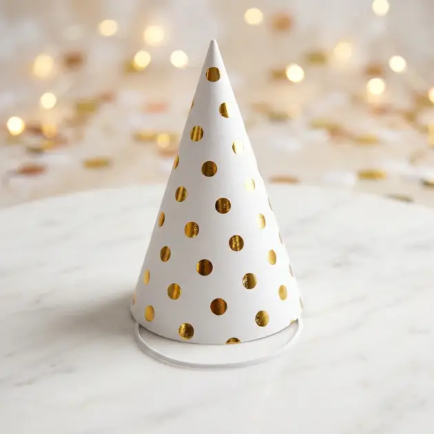 8 Pcs Premium Party Hat Hot Stamped Polka Dots White 7”
