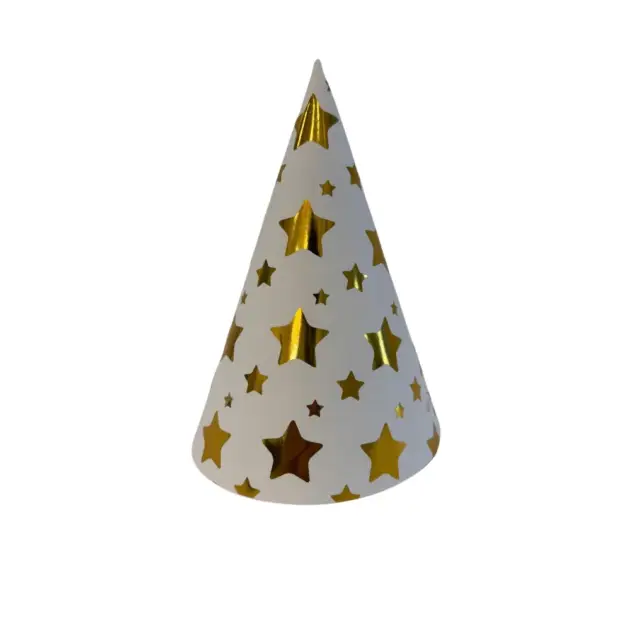 8 Pcs Premium Party Hat Hot Stamped Gold Stars White 7”