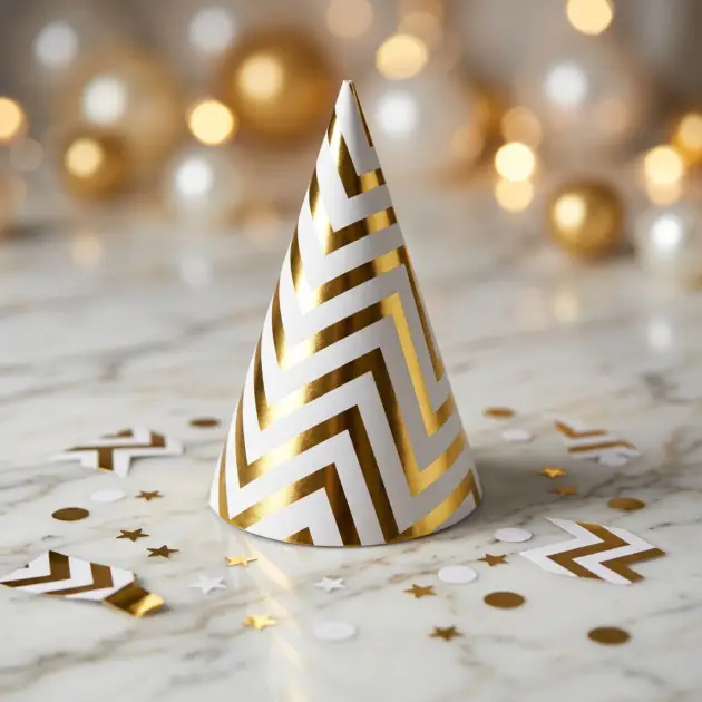 8 Pcs Premium Party Hat Hot Stamped Gold Waves White 7”