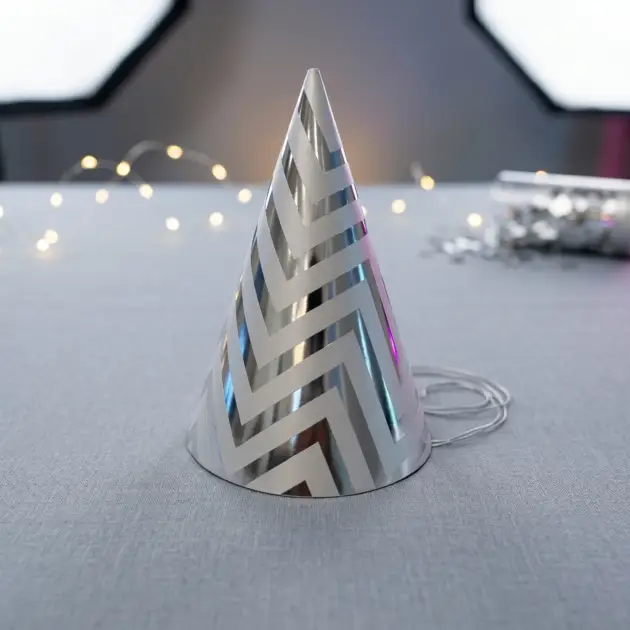 8 Pcs Premium Party Hat Hot Stamped Silver Waves White 7”