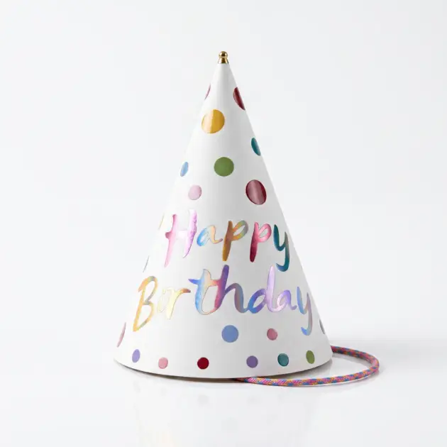 8 Pcs Premium Party Hat Colourful Polka Dots Happy Birthday White 7”