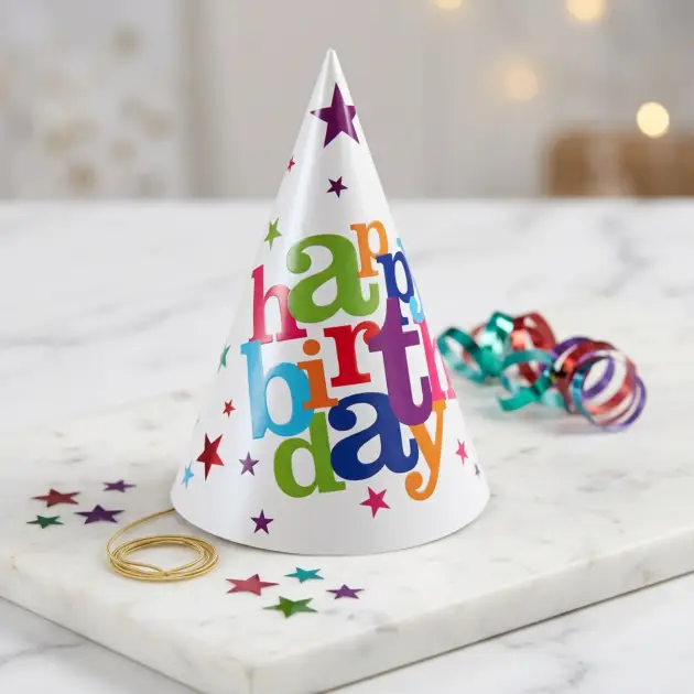 8 Pcs Premium Party Hat Colourful Stars Happy Birthday White 7”