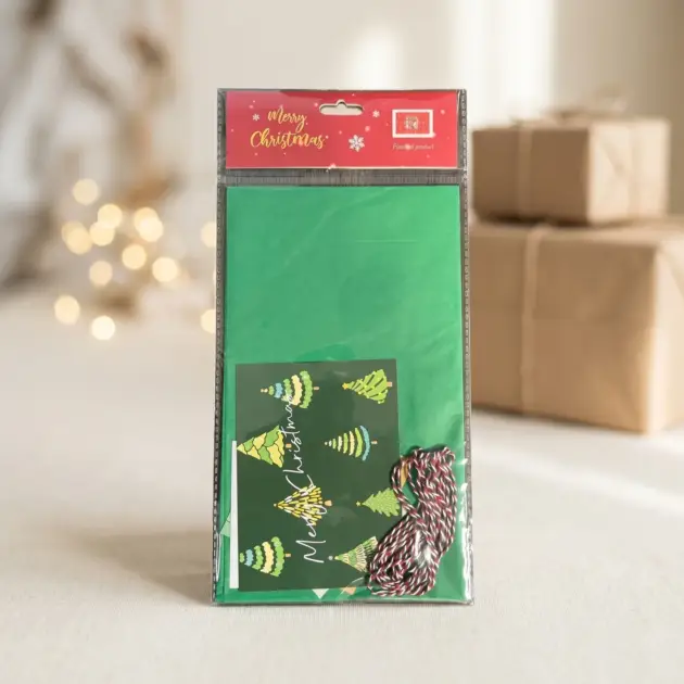 Christmas DIY Wrap Kit 2 Sheets Tissue, 1 Pcs Ribbon 5 Pcs Sticker and cards