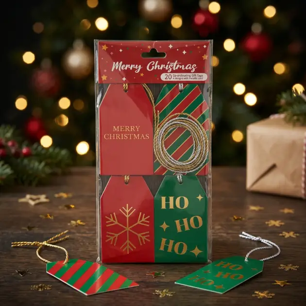 Christmas gift Tag 20 Pcs Hot Stamped with Metallic Cord