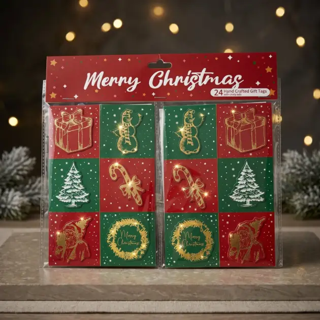 Christmas Hand Crafted 3D Gift Tags 12 Pcs Hot stamped with Sticky Tabs