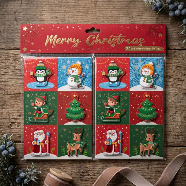 Christmas Hand Crafted 3D Gift Tags 12 Pcs with Sticky Tabs