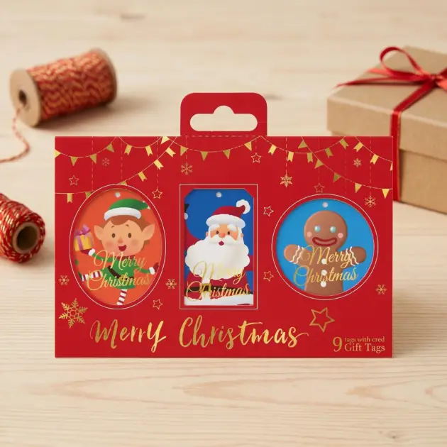 Christmas Gift Tags 9 Pcs with Cord Hot Stamped embossed
