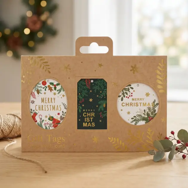 Christmas Gift Tags 9 Pcs with Cord Hot Stamped embossed