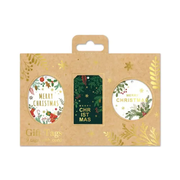 Christmas Gift Tags 9 Pcs with Cord Hot Stamped embossed