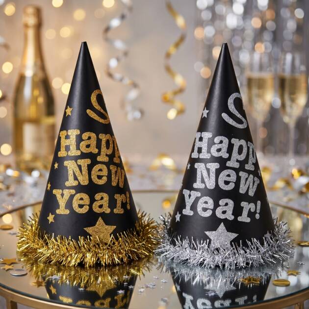 Happy New Year Cone Hat 34 cm Gold & Silver