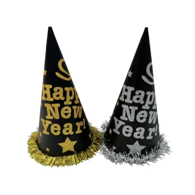Happy New Year Cone Hat 34 cm Gold & Silver