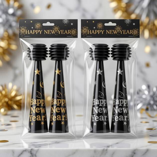New Year 27 cm Horn 2 Pack Gold & Silver