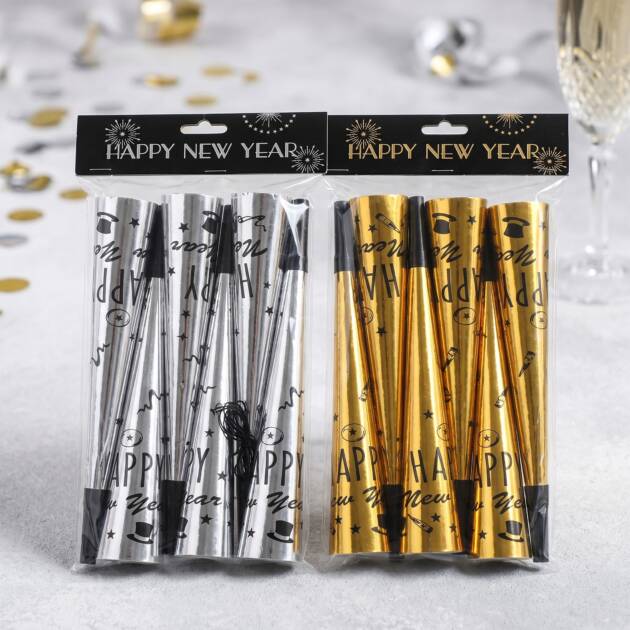 Happy New Year 30 cm Horn 6 Pack Gold & Silver