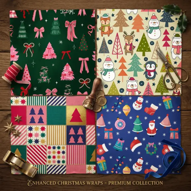 Christmas Roll Wrap 30”X192” 40 Sq Ft 4 Assorted Designs 60 gsm Paper