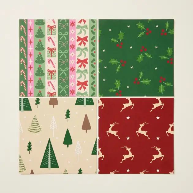 Christmas Roll Wrap 30”X192” 40 Sq Ft 4 Assorted Designs 60 gsm Paper