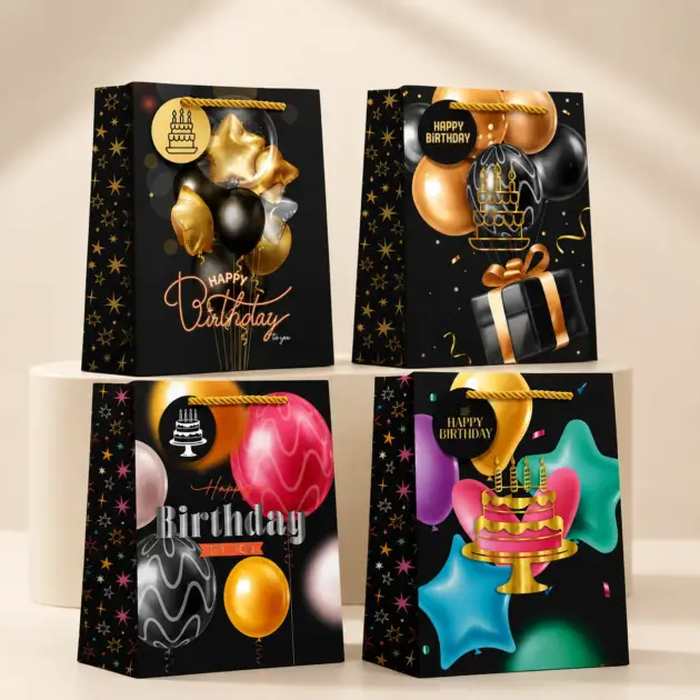 Birthday Gift Bags Black with hot stamping 4 assorted designs