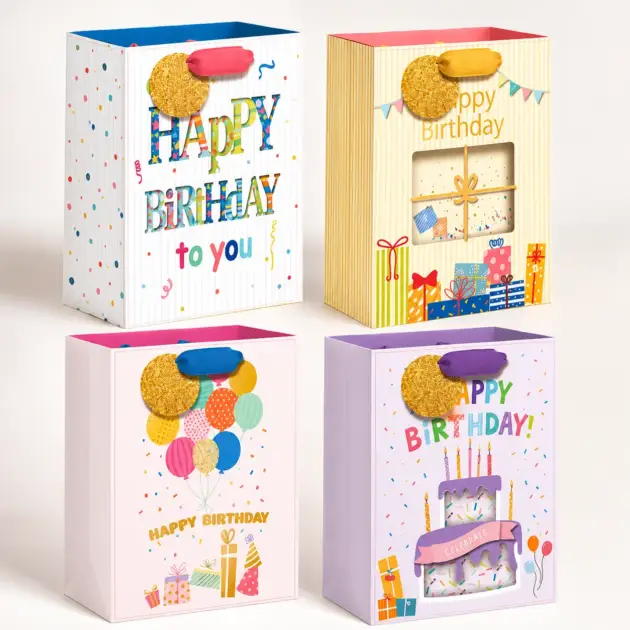 Birthday Gift Bags Pastel with hot stamping 4 assorted designs