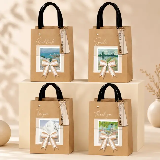 Premium Kraft Bag with Fabric Bow. 4 assorted styles 210 gsm