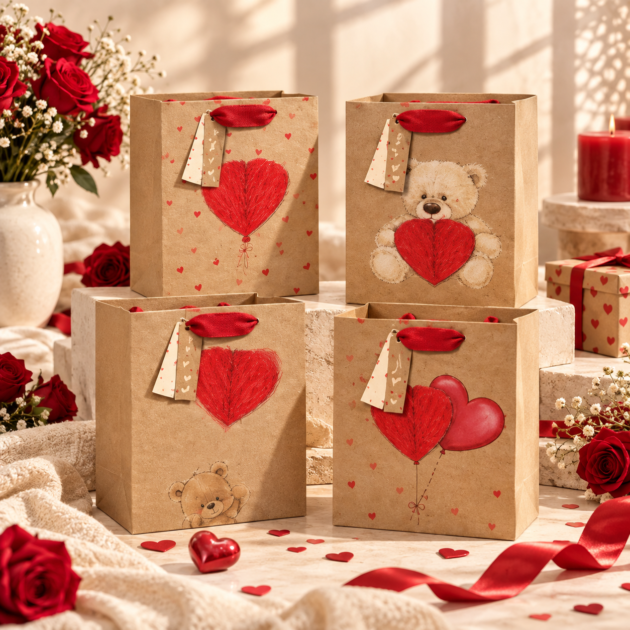 Jumbo Kraft Hearts & Teddy Bear Gift Bag with Honeycomb 4 assorted designs