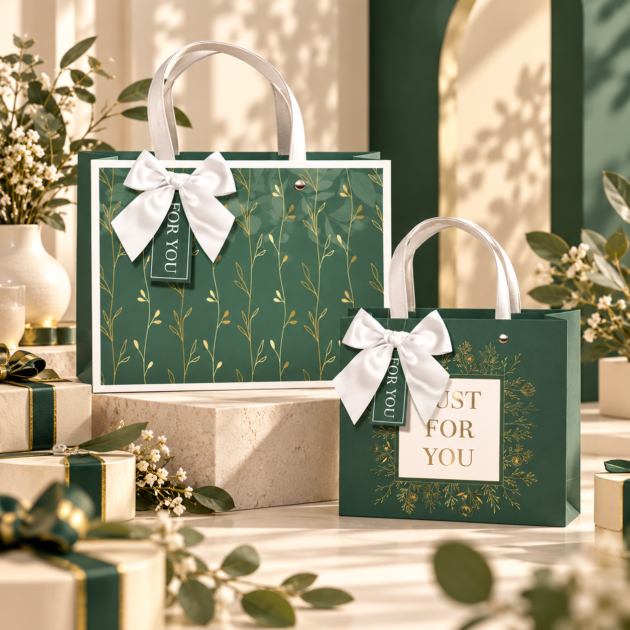Small Green Gold Leaf Gift Bag with Bow 2 assorted designs