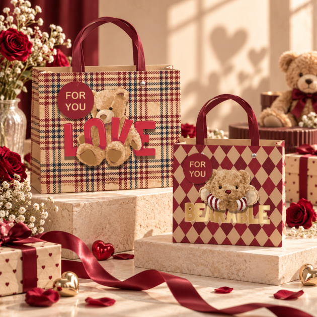 Medium Teddy Bear Burgundy Plaid Gift Bag 2 assorted designs