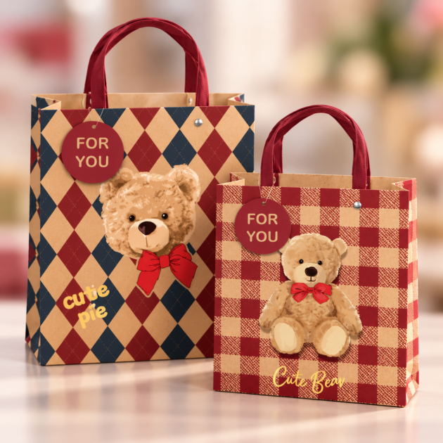 Medium Teddy Bear Argyle & Gingham Gift Bag 2 assorted designs